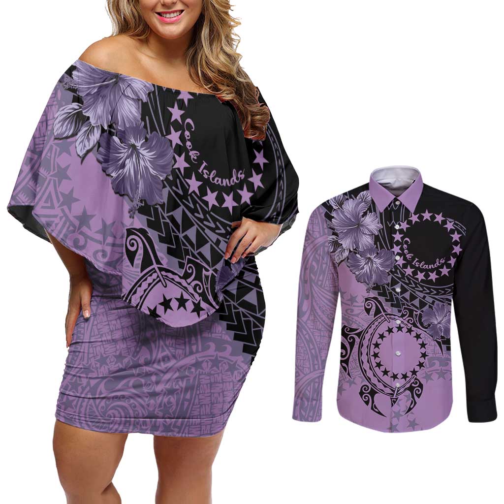 Cook Islands Turtle Couples Matching Off Shoulder Short Dress and Long Sleeve Button Shirt Stars and Hibiscus - Purple LT01 Purple - Polynesian Pride