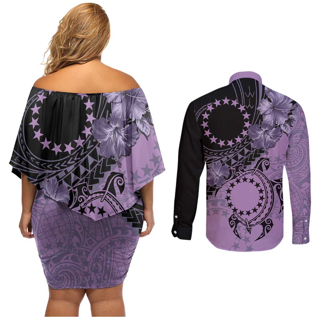 Cook Islands Turtle Couples Matching Off Shoulder Short Dress and Long Sleeve Button Shirt Stars and Hibiscus - Purple LT01 - Polynesian Pride