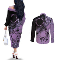 Cook Islands Turtle Couples Matching Off The Shoulder Long Sleeve Dress and Long Sleeve Button Shirt Stars and Hibiscus - Purple LT01 - Polynesian Pride