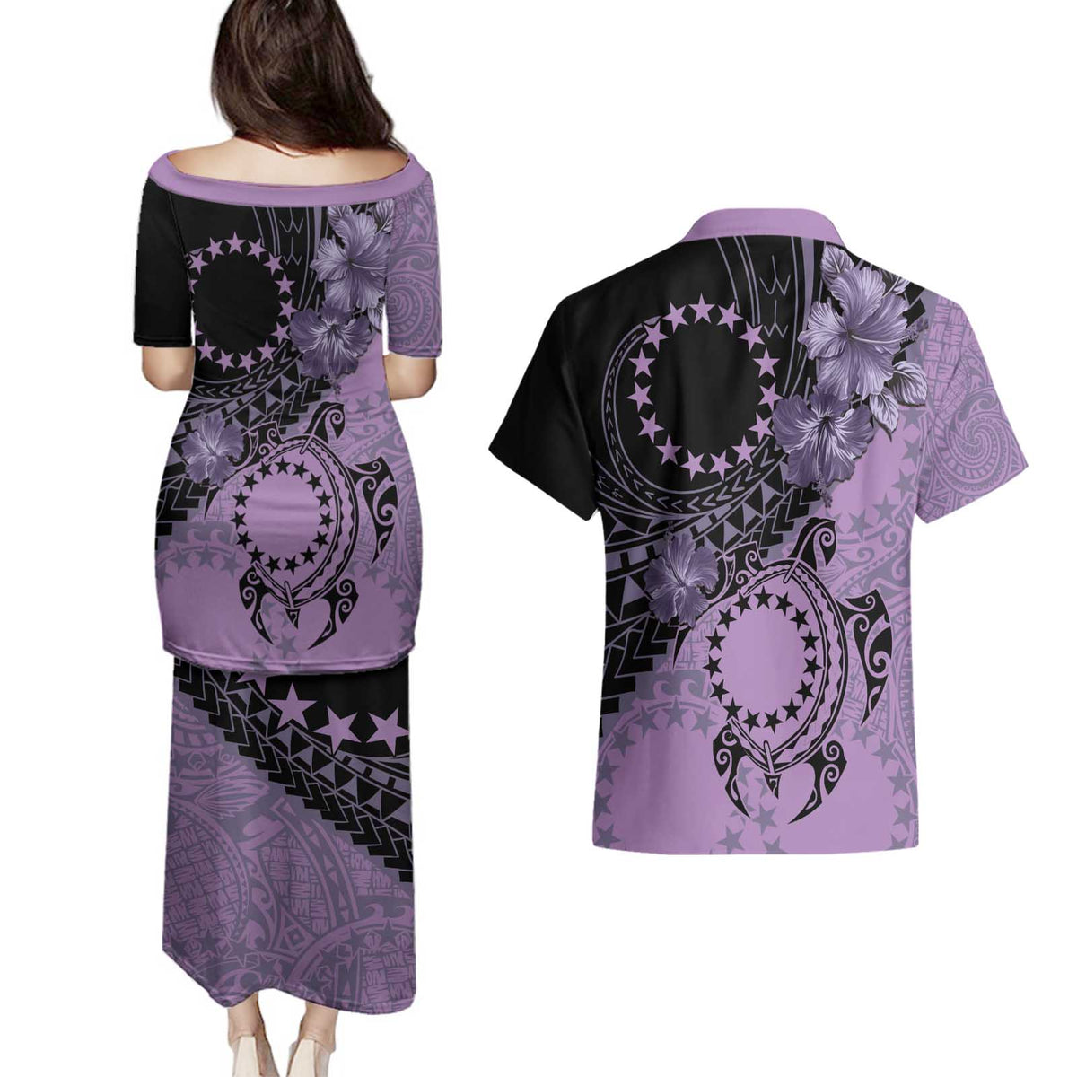 Cook Islands Turtle Couples Matching Puletasi and Hawaiian Shirt Stars and Hibiscus - Purple LT01 - Polynesian Pride