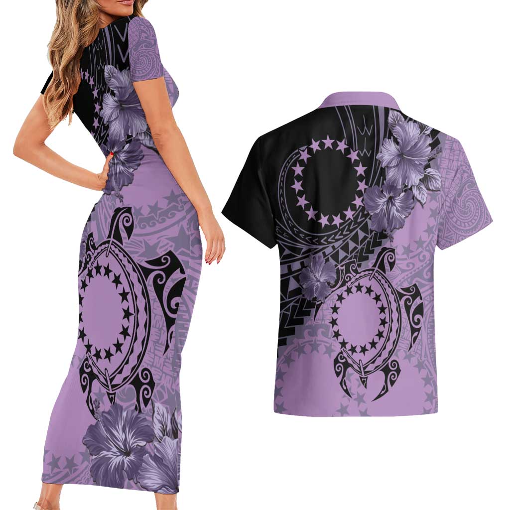 Cook Islands Turtle Couples Matching Short Sleeve Bodycon Dress and Hawaiian Shirt Stars and Hibiscus - Purple LT01 - Polynesian Pride