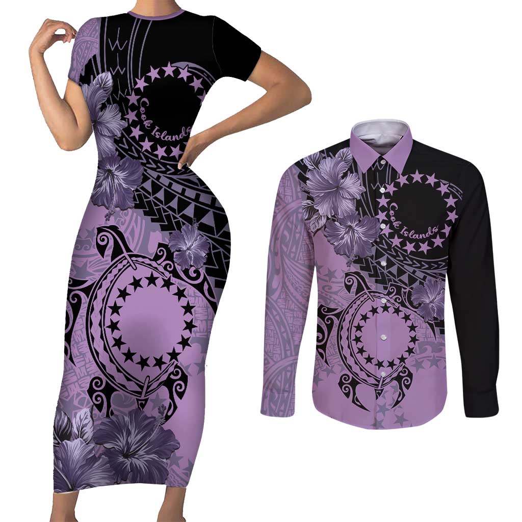 Cook Islands Turtle Couples Matching Short Sleeve Bodycon Dress and Long Sleeve Button Shirt Stars and Hibiscus - Purple LT01 Purple - Polynesian Pride