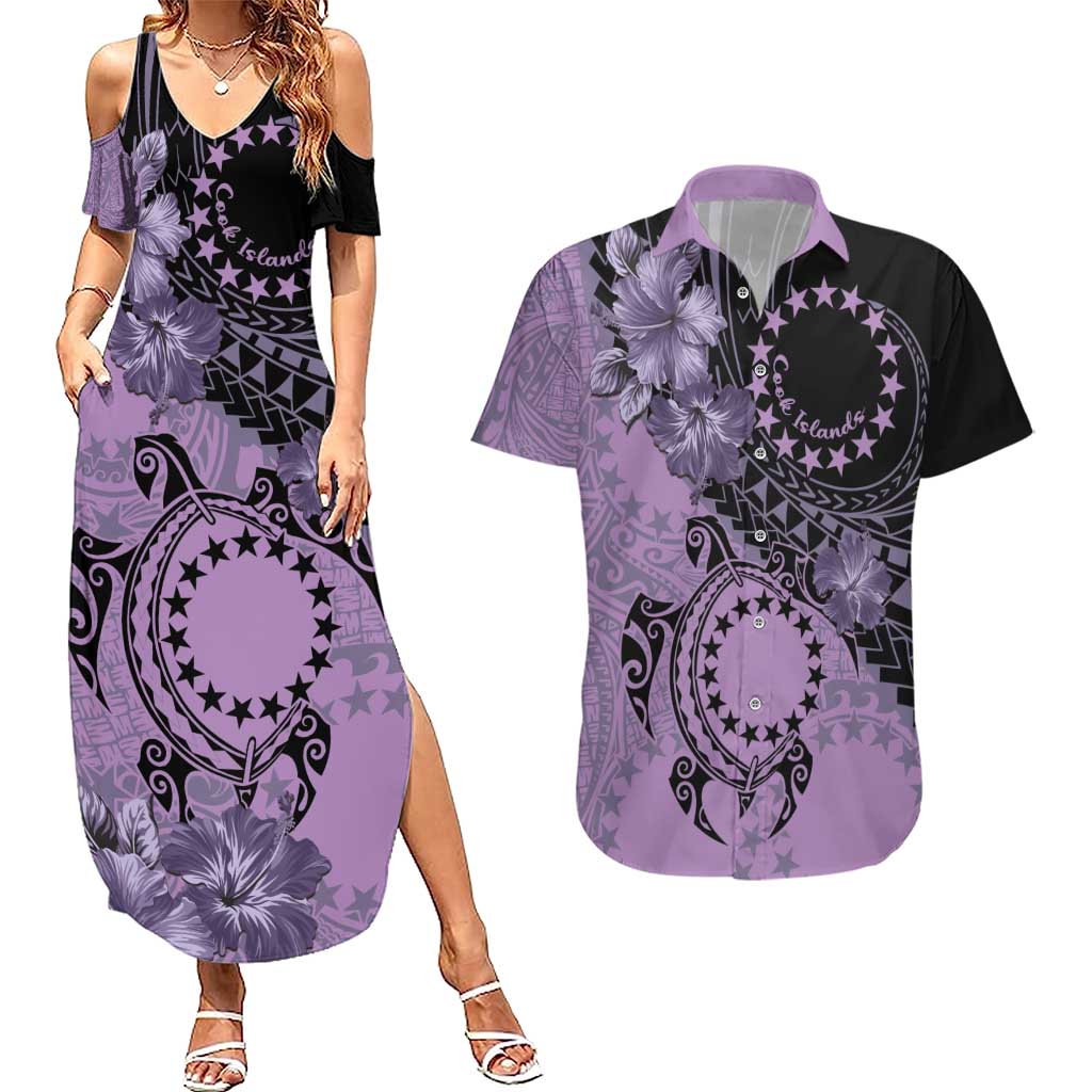 Cook Islands Turtle Couples Matching Summer Maxi Dress and Hawaiian Shirt Stars and Hibiscus - Purple LT01 Purple - Polynesian Pride