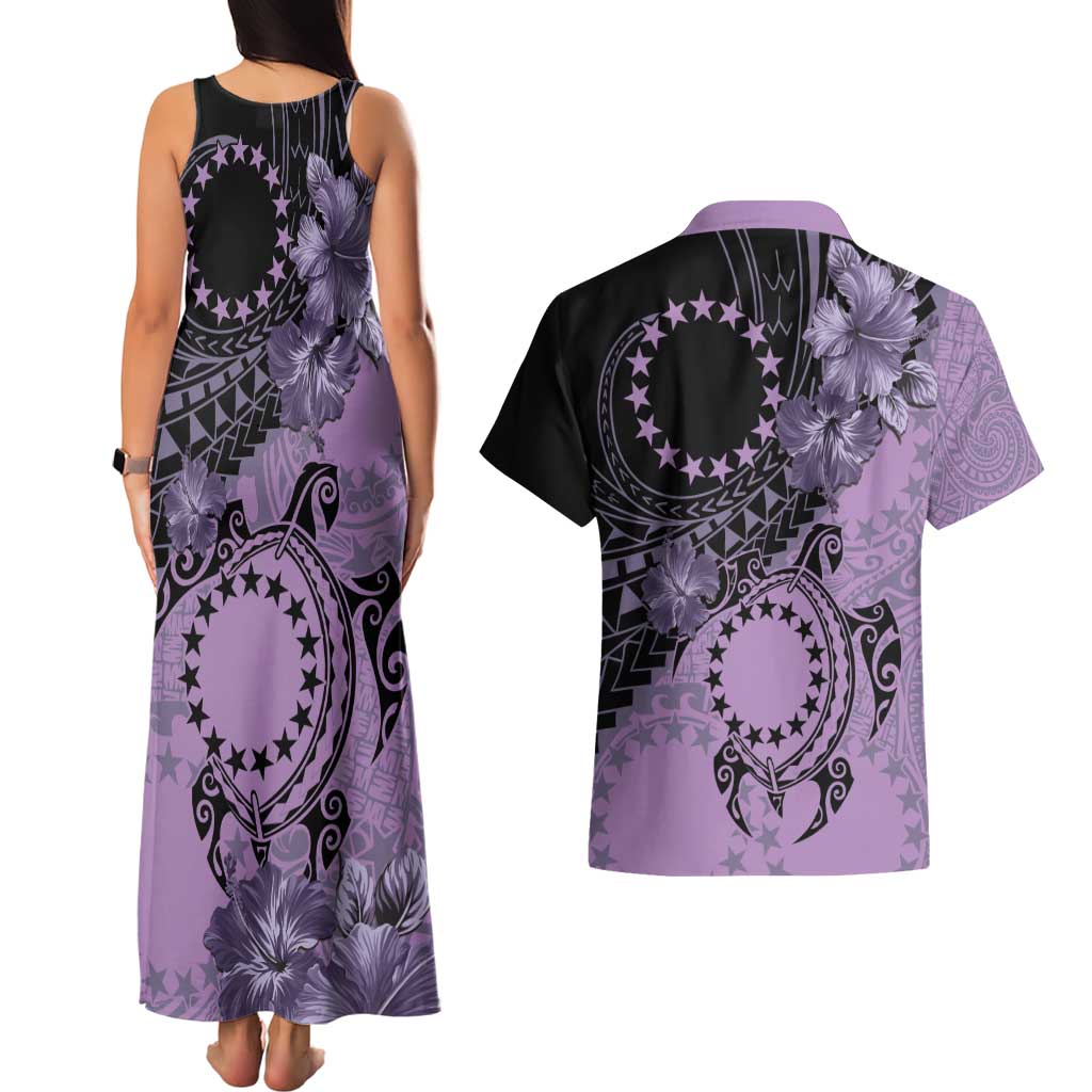 Cook Islands Turtle Couples Matching Tank Maxi Dress and Hawaiian Shirt Stars and Hibiscus - Purple LT01 - Polynesian Pride