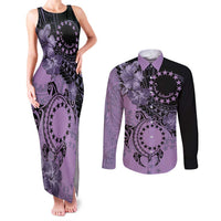 Cook Islands Turtle Couples Matching Tank Maxi Dress and Long Sleeve Button Shirt Stars and Hibiscus - Purple LT01 Purple - Polynesian Pride