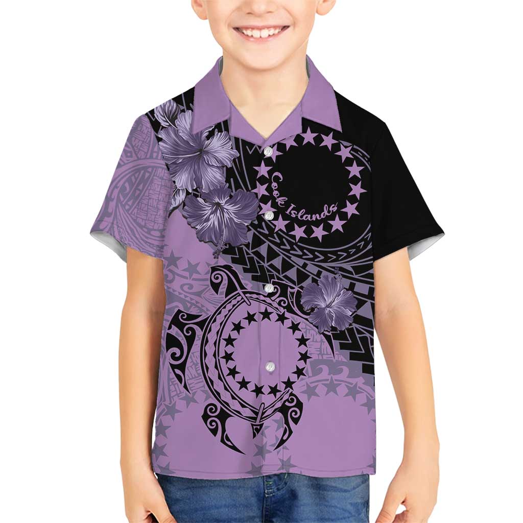 Cook Islands Turtle Family Matching Long Sleeve Bodycon Dress and Hawaiian Shirt Stars and Hibiscus - Purple LT01 Son's Shirt Purple - Polynesian Pride