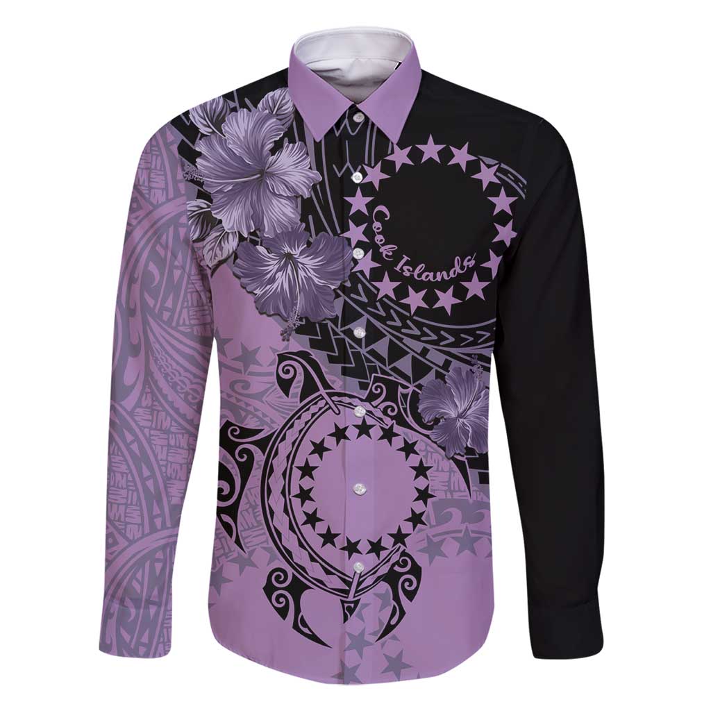 Cook Islands Turtle Family Matching Mermaid Dress and Hawaiian Shirt Stars and Hibiscus - Purple LT01 Dad's Shirt - Long Sleeve Purple - Polynesian Pride