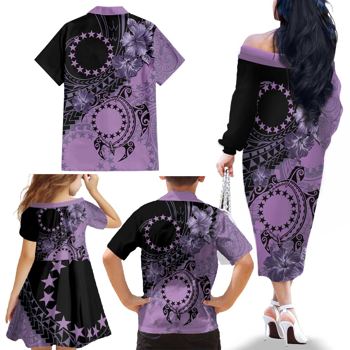 Cook Islands Turtle Family Matching Off The Shoulder Long Sleeve Dress and Hawaiian Shirt Stars and Hibiscus - Purple LT01 - Polynesian Pride