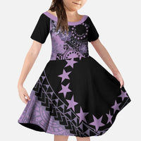 Cook Islands Turtle Family Matching Off Shoulder Maxi Dress and Hawaiian Shirt Stars and Hibiscus - Purple LT01 Daughter's Dress Purple - Polynesian Pride