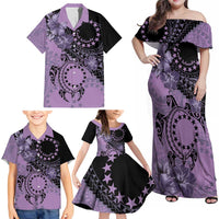Cook Islands Turtle Family Matching Off Shoulder Maxi Dress and Hawaiian Shirt Stars and Hibiscus - Purple LT01 - Polynesian Pride