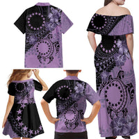 Cook Islands Turtle Family Matching Off Shoulder Maxi Dress and Hawaiian Shirt Stars and Hibiscus - Purple LT01 - Polynesian Pride