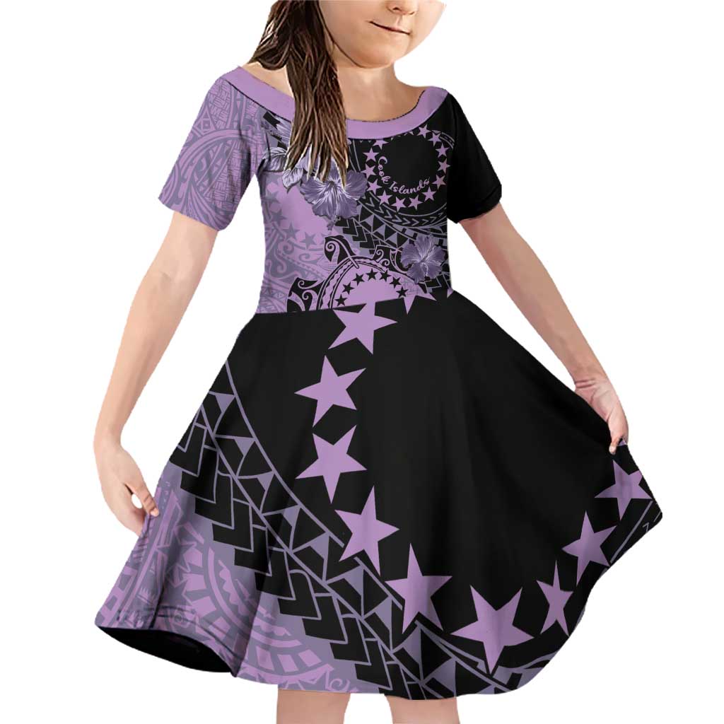 Cook Islands Turtle Family Matching Off Shoulder Short Dress and Hawaiian Shirt Stars and Hibiscus - Purple LT01 Daughter's Dress Purple - Polynesian Pride