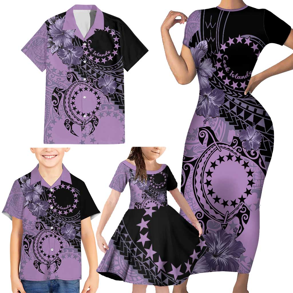 Cook Islands Turtle Family Matching Short Sleeve Bodycon Dress and Hawaiian Shirt Stars and Hibiscus - Purple LT01 - Polynesian Pride