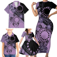 Cook Islands Turtle Family Matching Short Sleeve Bodycon Dress and Hawaiian Shirt Stars and Hibiscus - Purple LT01 - Polynesian Pride