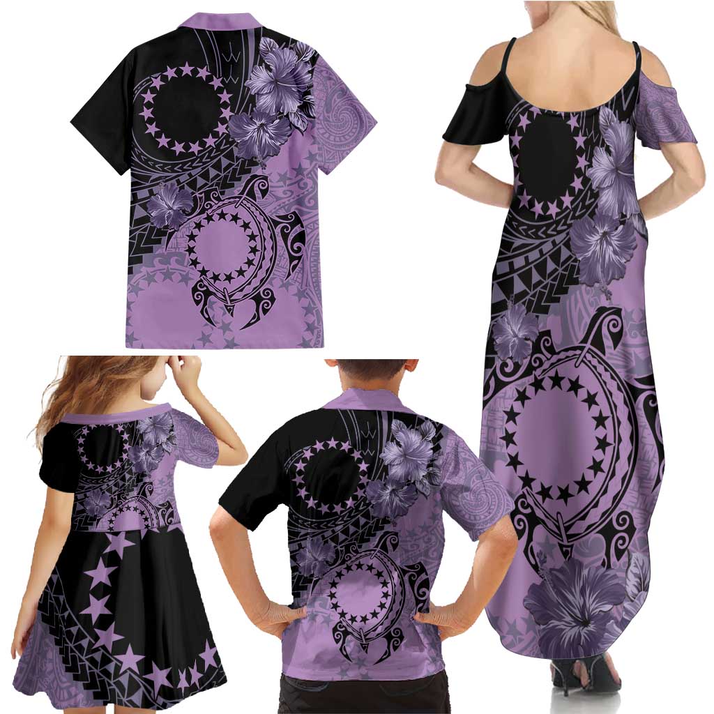 Cook Islands Turtle Family Matching Summer Maxi Dress and Hawaiian Shirt Stars and Hibiscus - Purple LT01 - Polynesian Pride