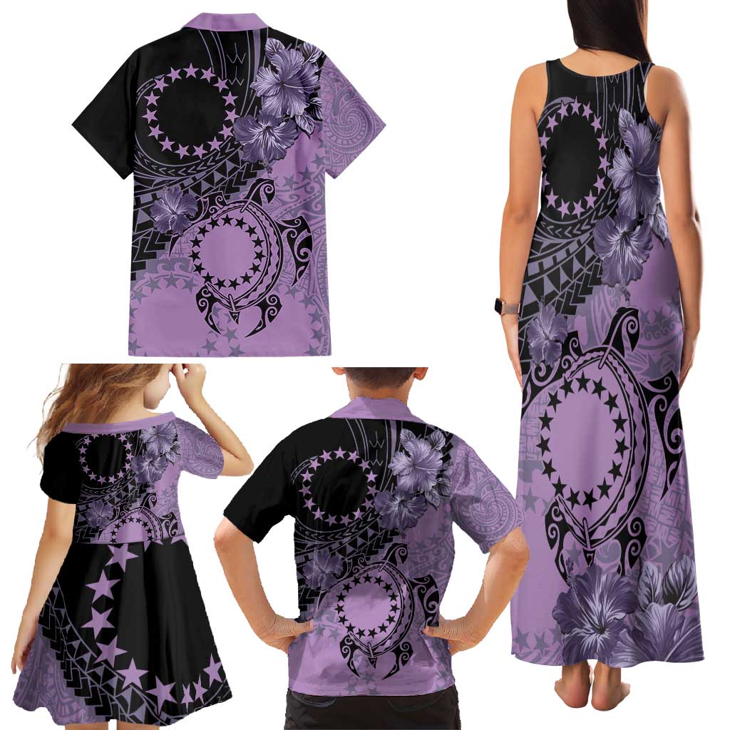 Cook Islands Turtle Family Matching Tank Maxi Dress and Hawaiian Shirt Stars and Hibiscus - Purple LT01 - Polynesian Pride