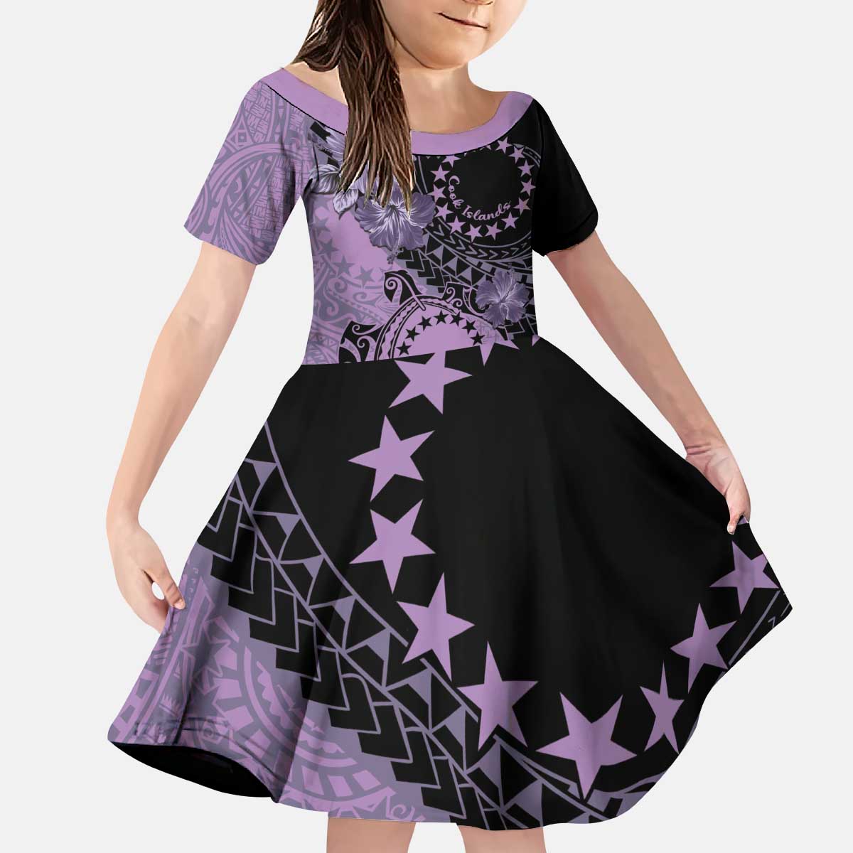 Cook Islands Turtle Kid Short Sleeve Dress Stars and Hibiscus - Purple LT01 KID Purple - Polynesian Pride