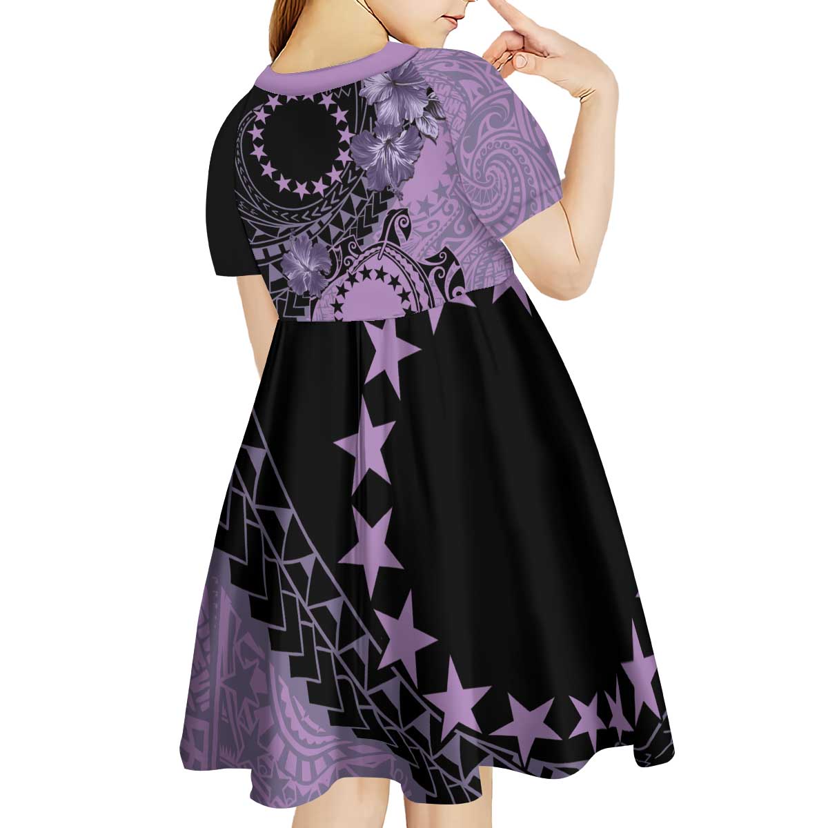 Cook Islands Turtle Kid Short Sleeve Dress Stars and Hibiscus - Purple LT01 - Polynesian Pride