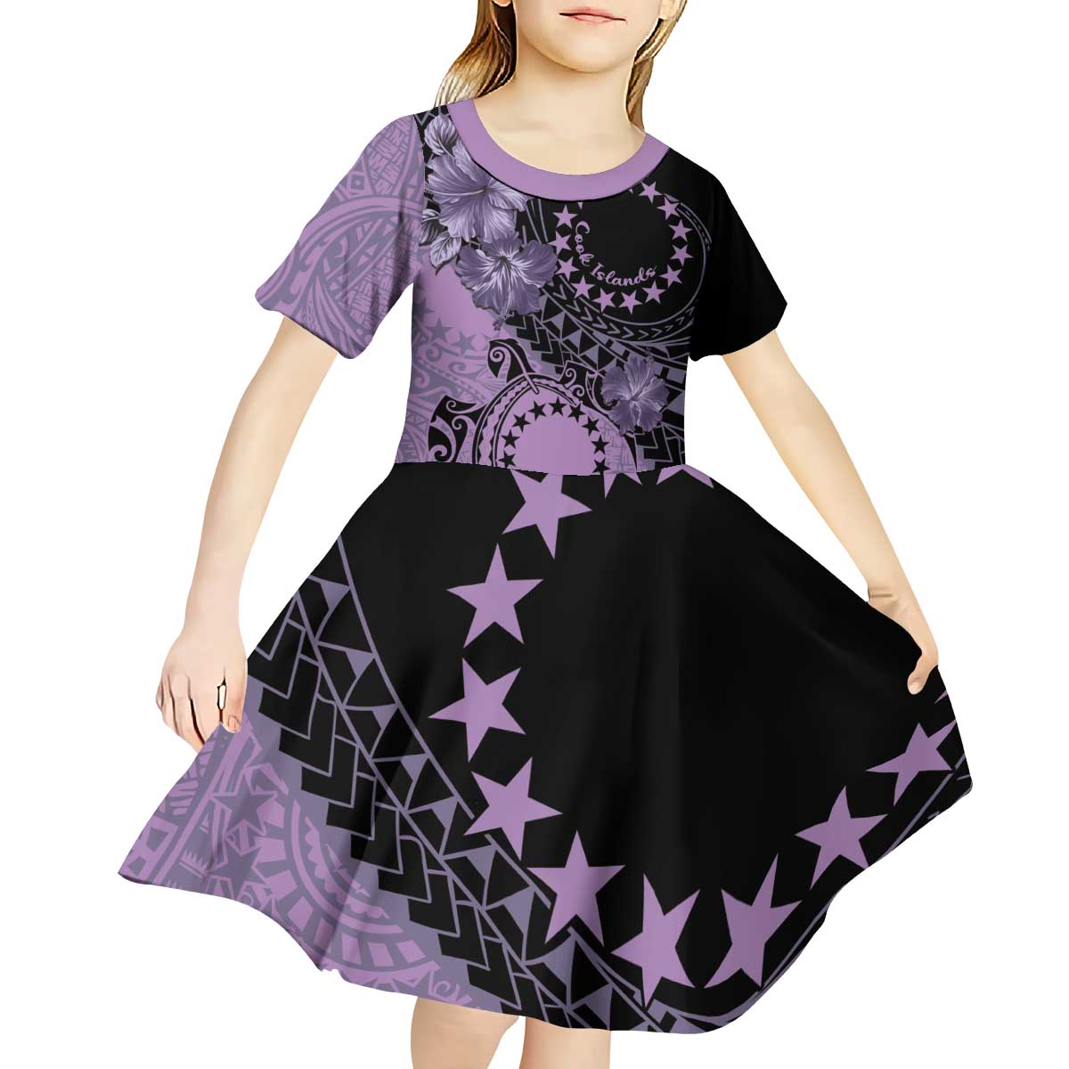 Cook Islands Turtle Kid Short Sleeve Dress Stars and Hibiscus - Purple LT01 - Polynesian Pride