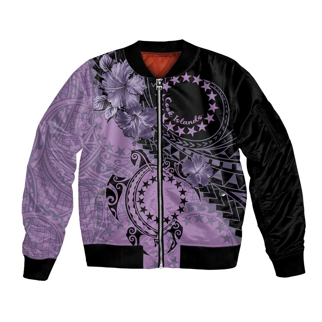 Cook Islands Turtle Sleeve Zip Bomber Jacket Stars and Hibiscus - Purple LT01 Unisex Purple - Polynesian Pride