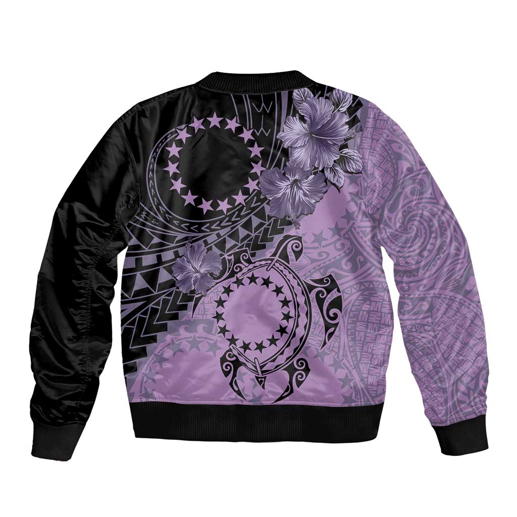 Cook Islands Turtle Sleeve Zip Bomber Jacket Stars and Hibiscus - Purple LT01 - Polynesian Pride