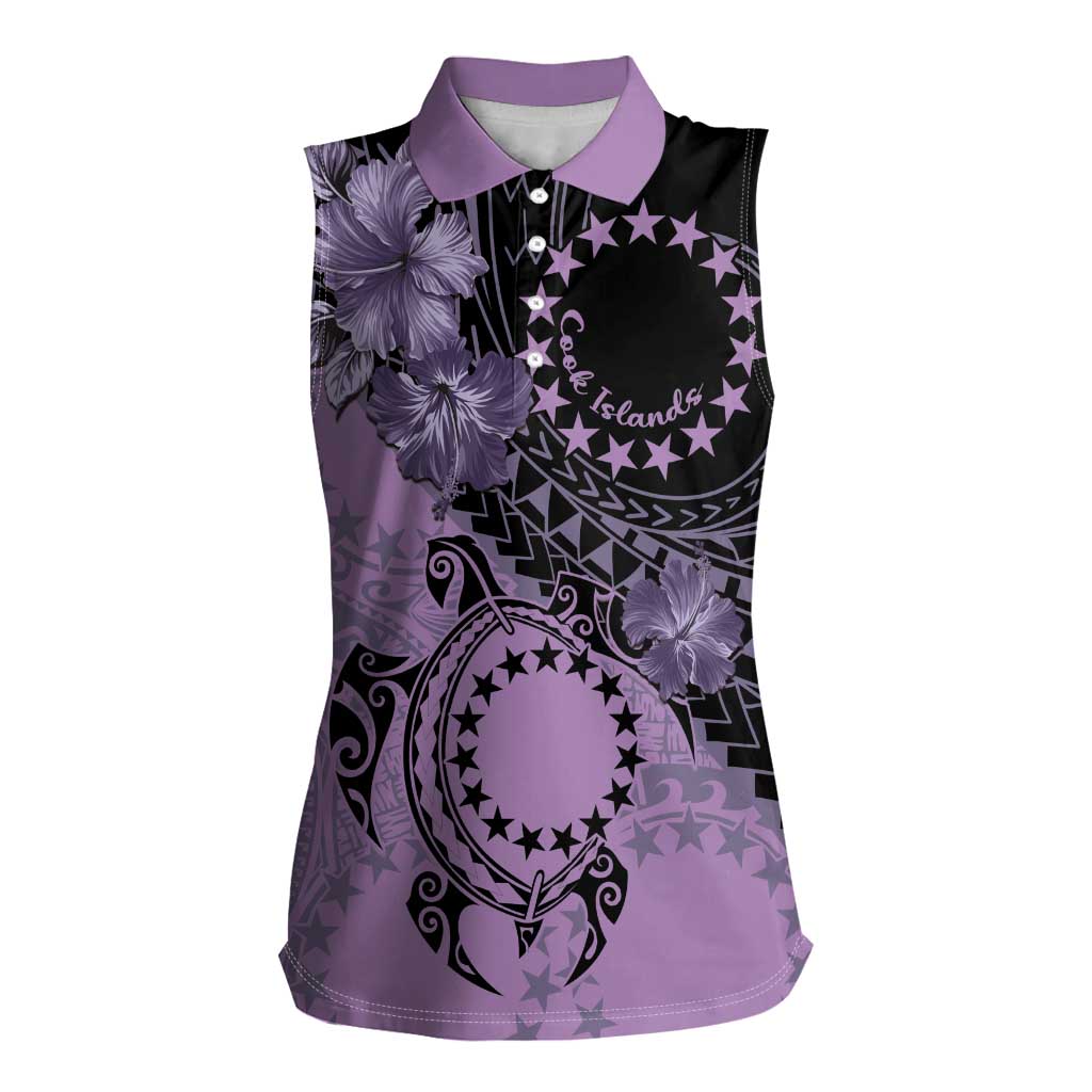 Cook Islands Turtle Women Sleeveless Polo Shirt Stars and Hibiscus - Purple LT01 Female Purple - Polynesian Pride