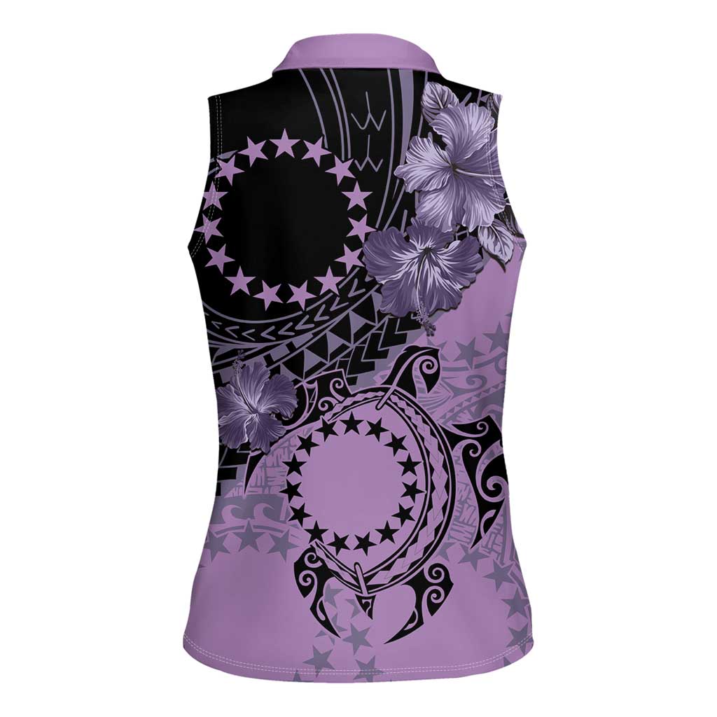 Cook Islands Turtle Women Sleeveless Polo Shirt Stars and Hibiscus - Purple LT01 - Polynesian Pride