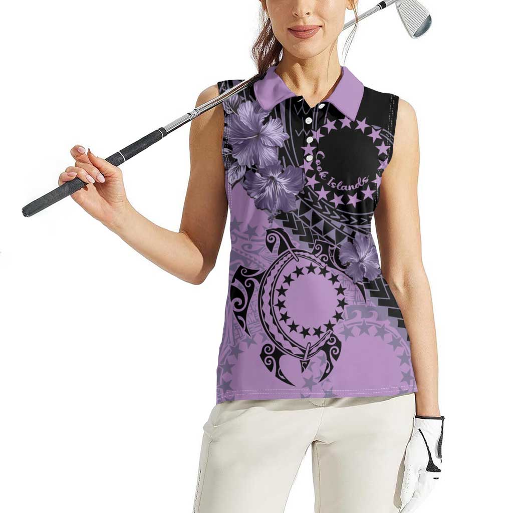 Cook Islands Turtle Women Sleeveless Polo Shirt Stars and Hibiscus - Purple LT01 - Polynesian Pride