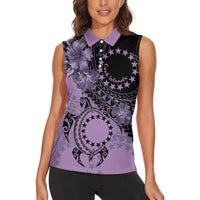 Cook Islands Turtle Women Sleeveless Polo Shirt Stars and Hibiscus - Purple LT01 - Polynesian Pride