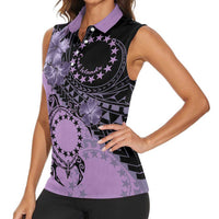 Cook Islands Turtle Women Sleeveless Polo Shirt Stars and Hibiscus - Purple LT01 - Polynesian Pride