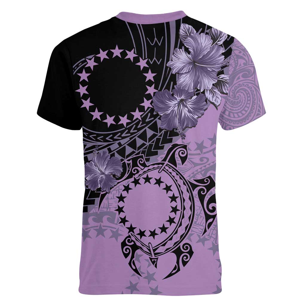 Cook Islands Turtle Women V-Neck T-Shirt Stars and Hibiscus - Purple LT01 - Polynesian Pride