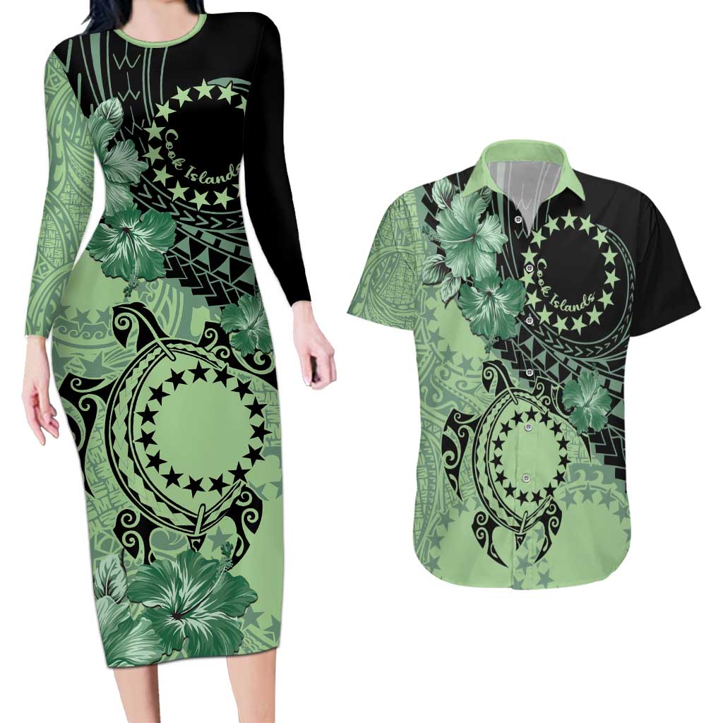 Cook Islands Turtle Couples Matching Long Sleeve Bodycon Dress and Hawaiian Shirt Stars and Hibiscus - Green LT01 Green - Polynesian Pride