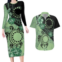 Cook Islands Turtle Couples Matching Long Sleeve Bodycon Dress and Hawaiian Shirt Stars and Hibiscus - Green LT01 Green - Polynesian Pride