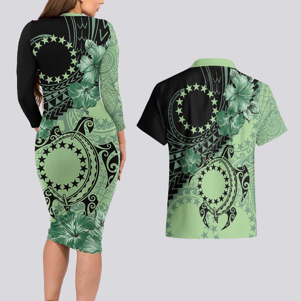 Cook Islands Turtle Couples Matching Long Sleeve Bodycon Dress and Hawaiian Shirt Stars and Hibiscus - Green LT01 - Polynesian Pride