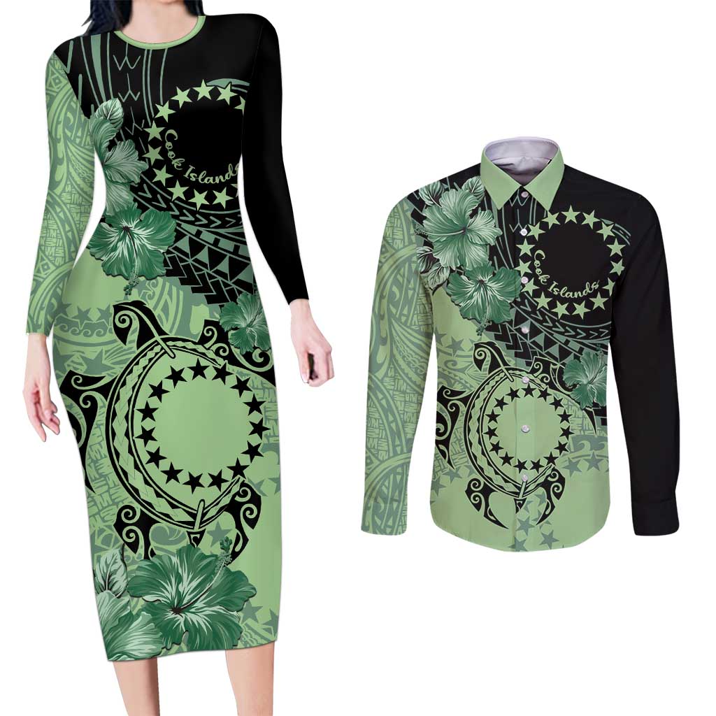 Cook Islands Turtle Couples Matching Long Sleeve Bodycon Dress and Long Sleeve Button Shirt Stars and Hibiscus - Green LT01 Green - Polynesian Pride