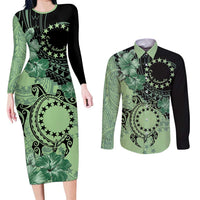 Cook Islands Turtle Couples Matching Long Sleeve Bodycon Dress and Long Sleeve Button Shirt Stars and Hibiscus - Green LT01 Green - Polynesian Pride