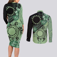 Cook Islands Turtle Couples Matching Long Sleeve Bodycon Dress and Long Sleeve Button Shirt Stars and Hibiscus - Green LT01 - Polynesian Pride
