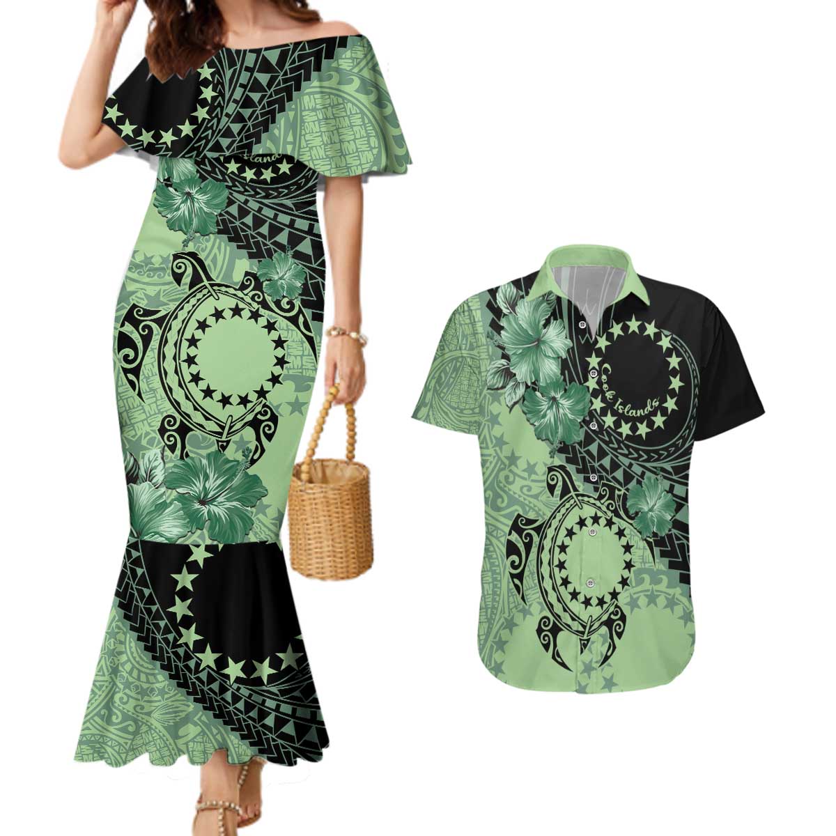 Cook Islands Turtle Couples Matching Mermaid Dress and Hawaiian Shirt Stars and Hibiscus - Green LT01 Green - Polynesian Pride