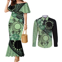 Cook Islands Turtle Couples Matching Mermaid Dress and Long Sleeve Button Shirt Stars and Hibiscus - Green LT01 Green - Polynesian Pride