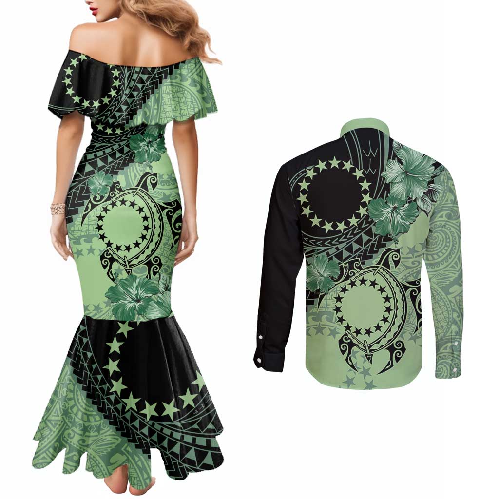 Cook Islands Turtle Couples Matching Mermaid Dress and Long Sleeve Button Shirt Stars and Hibiscus - Green LT01 - Polynesian Pride