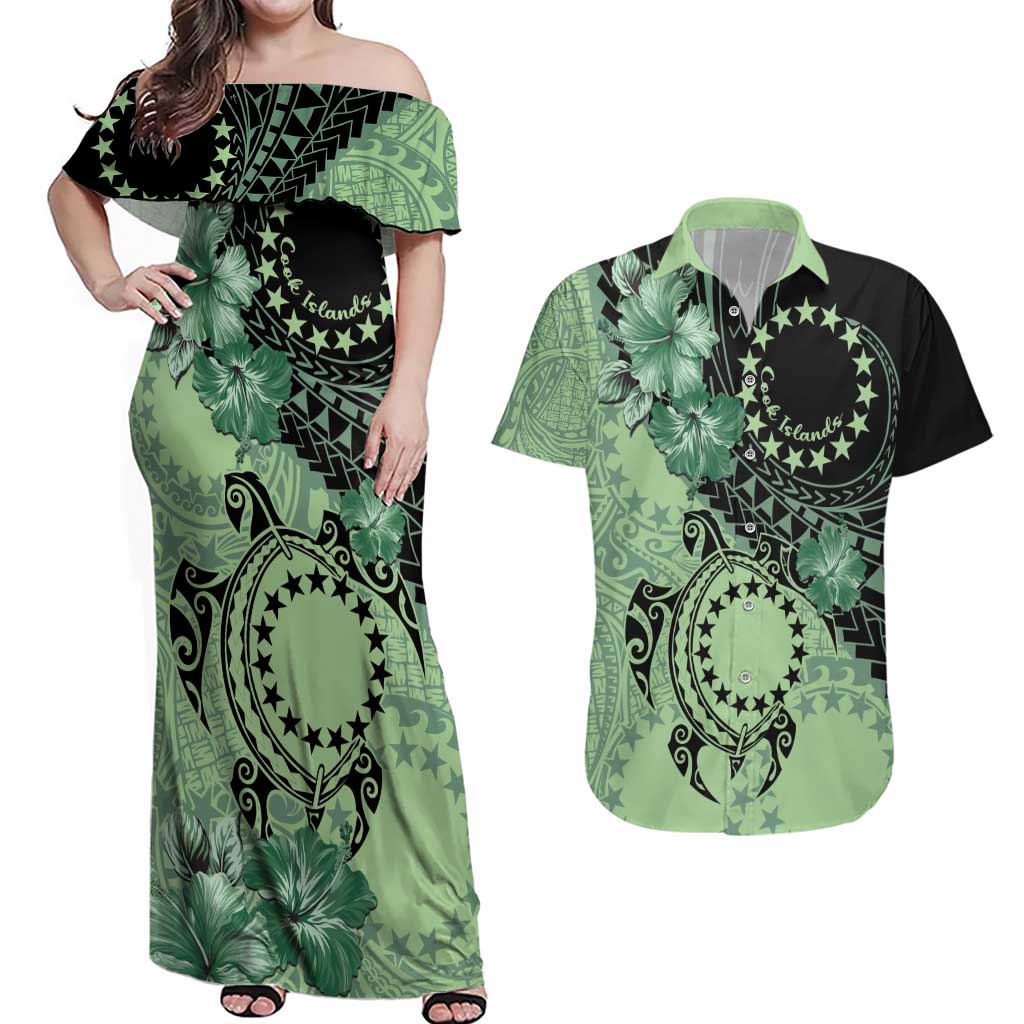 Cook Islands Turtle Couples Matching Off Shoulder Maxi Dress and Hawaiian Shirt Stars and Hibiscus - Green LT01 Green - Polynesian Pride
