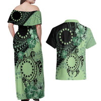 Cook Islands Turtle Couples Matching Off Shoulder Maxi Dress and Hawaiian Shirt Stars and Hibiscus - Green LT01 - Polynesian Pride