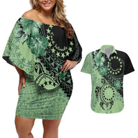 Cook Islands Turtle Couples Matching Off Shoulder Short Dress and Hawaiian Shirt Stars and Hibiscus - Green LT01 Green - Polynesian Pride