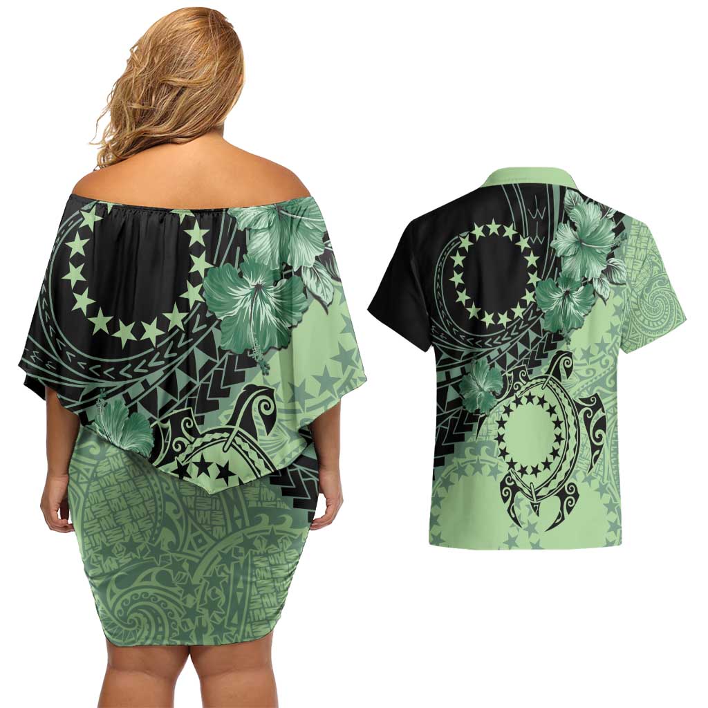 Cook Islands Turtle Couples Matching Off Shoulder Short Dress and Hawaiian Shirt Stars and Hibiscus - Green LT01 - Polynesian Pride