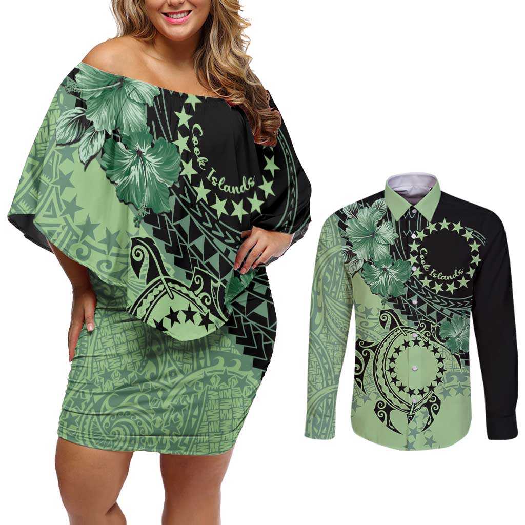 Cook Islands Turtle Couples Matching Off Shoulder Short Dress and Long Sleeve Button Shirt Stars and Hibiscus - Green LT01 Green - Polynesian Pride