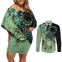 Cook Islands Turtle Couples Matching Off Shoulder Short Dress and Long Sleeve Button Shirt Stars and Hibiscus - Green LT01 Green - Polynesian Pride