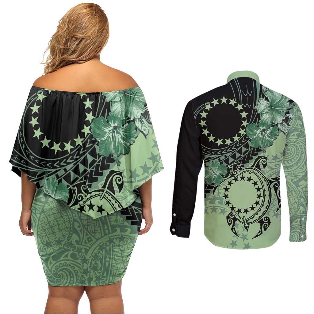 Cook Islands Turtle Couples Matching Off Shoulder Short Dress and Long Sleeve Button Shirt Stars and Hibiscus - Green LT01 - Polynesian Pride