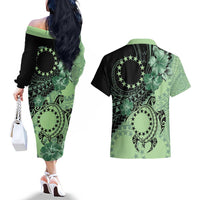 Cook Islands Turtle Couples Matching Off The Shoulder Long Sleeve Dress and Hawaiian Shirt Stars and Hibiscus - Green LT01 - Polynesian Pride