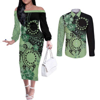 Cook Islands Turtle Couples Matching Off The Shoulder Long Sleeve Dress and Long Sleeve Button Shirt Stars and Hibiscus - Green LT01 Green - Polynesian Pride
