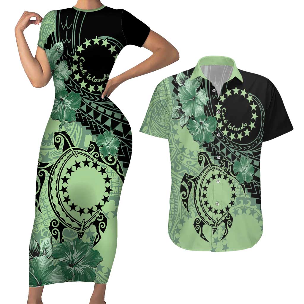 Cook Islands Turtle Couples Matching Short Sleeve Bodycon Dress and Hawaiian Shirt Stars and Hibiscus - Green LT01 Green - Polynesian Pride